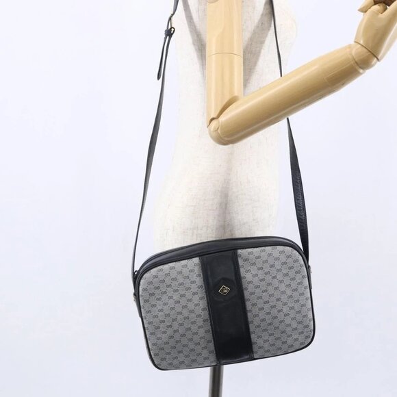 GUCCI Micro GG Canvas Shoulder Bag PVC Leather Navy Gold Auth BA7238